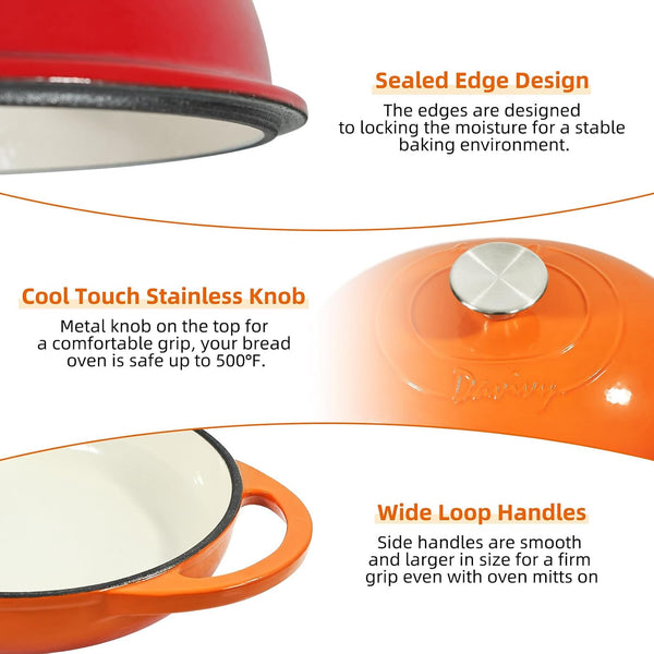 11" X 8.7" Oval Bread Oven with Domed Lid, Enameled Oval Dutch Oven Pot for Sourdough Bread Baking 6QT, Non-Stick Cast Iron Sourdough Pan Bread Cloche with Lid - Flame Orange6
