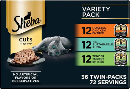 Sheba Perfect Portions Cuts Wet Cat Food, Multipack, 2.6 Oz, 24 Ct | Grain-Free, Chicken, Salmon & Turkey Flavors, Protein-Rich, No Corn or Soy, Essential Vitamins & Minerals, Twin-Pack Trays18