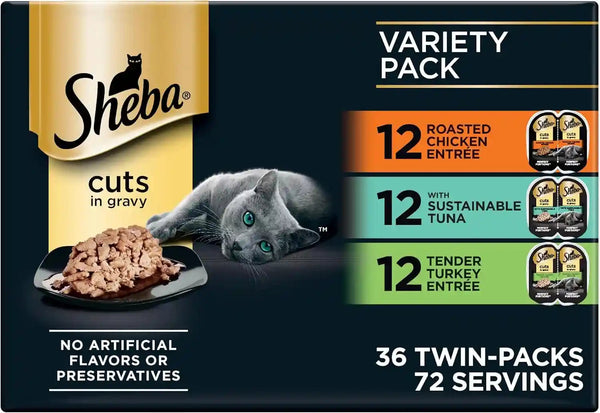 Sheba Perfect Portions Cuts Wet Cat Food, Multipack, 2.6 Oz, 24 Ct | Grain-Free, Chicken, Salmon & Turkey Flavors, Protein-Rich, No Corn or Soy, Essential Vitamins & Minerals, Twin-Pack Trays18