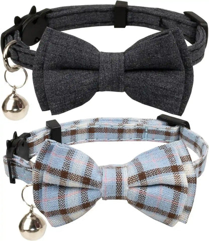 Cat Collar Breakaway Bowtie Safety with Bell Adjustbale Kitten Puppy Solid Plaid Color Set D-[2Pcs] Pink-210