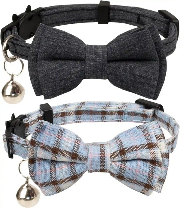 Cat Collar Breakaway Bowtie Safety with Bell Adjustbale Kitten Puppy Solid Plaid Color Set D-[2Pcs] Pink-210