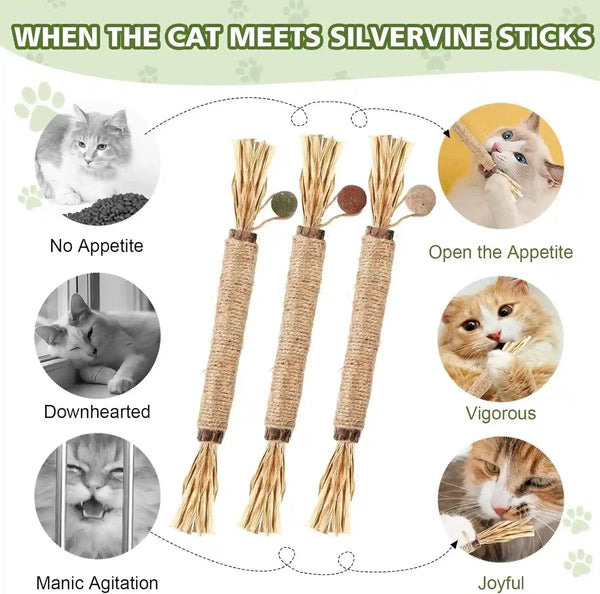 WOUSEDO 7 Pack Silvervine Sticks Cat Toy with Catnip & Matatabi Ball | Natural Chew Toys for Anxiety Relief & Dental Care, Teeth Cleaning Sticks for Indoor Cats & Kittens7