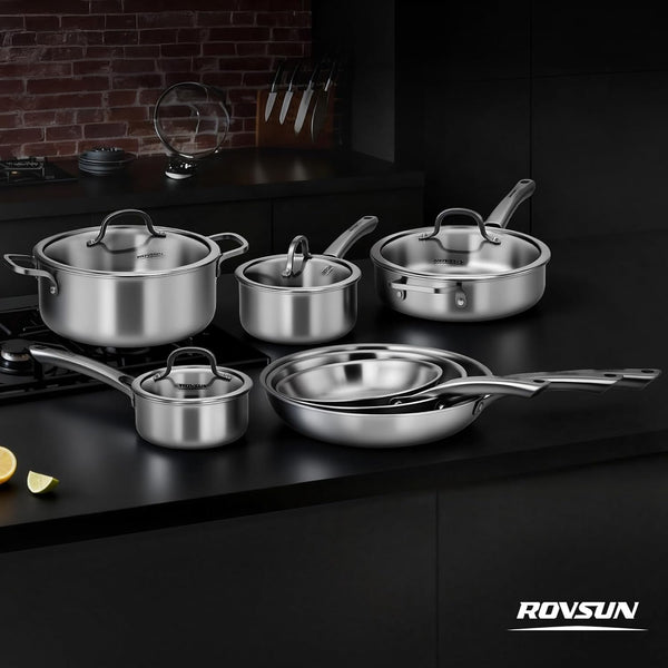 11-Pcs Stainless Steel Cookware Set, Tri-Ply Pots and Pans Set, Non-Toxic Kitchen Set, PFOA & PTFE Free, Full Clad Frying Pans, Saucepans, Saute Pan & Stock Pot, Compatible for All Cooktops9