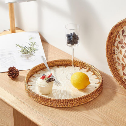 round Rattan Tray with Mother of Pearl Inlay, Rattan Serving Tray with Wooden Base, Decorative Wicker Basket for Table Decor, Storage and Display of Coffee Bread Food Fruit (Leaf 2)3