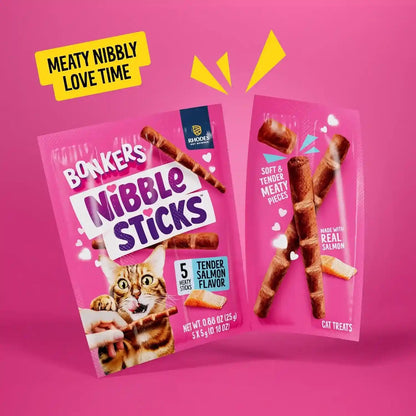Bonkers Nibble Sticks Soft & Meaty Tender Salmon Flavor Cat Treats, 5 Sticks (Pack of 20)2