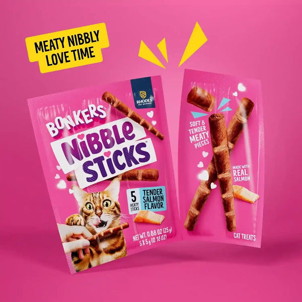 Bonkers Nibble Sticks Soft & Meaty Tender Salmon Flavor Cat Treats, 5 Sticks (Pack of 20)2