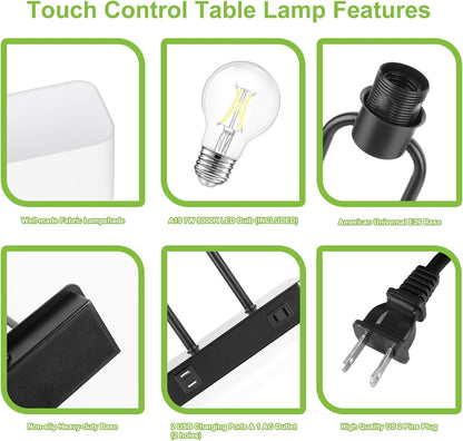 Bedside Touch Control Table Lamp, 3 Way Dimmable Modern Nightstand Lamp | Dual USB Charging Ports 1 AC Outlet, White Fabric Shade, Desk Lamp for Bedroom Living Room Office with 5000K LED Bulb4