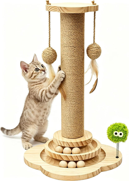 TINYBEAST Wooden Cat Scratching Post Fot Kittens, 4 in 1 Cat Scratcher Toy with Cat Ball Tracks, 18" Tall Sisal Scratch Post for Indoor Kittens, Interactive Feather Toy and 2 Sisal Hanging Balls1