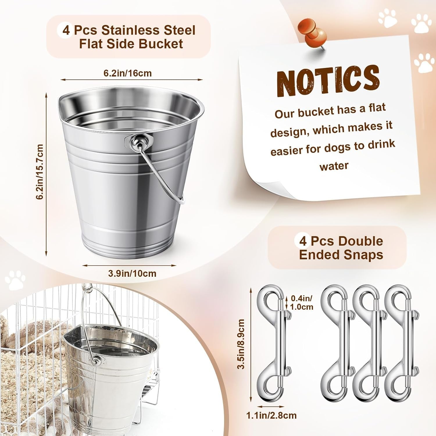 mumufy-4-set-2-quart-stainless-steel-flat-side-bucket-durable-water-pails-with-double-ended-snaps-small-metal-bucket-flat-back-water-pails-for-dogs-cats-kennels-cages-fences-pet-container
