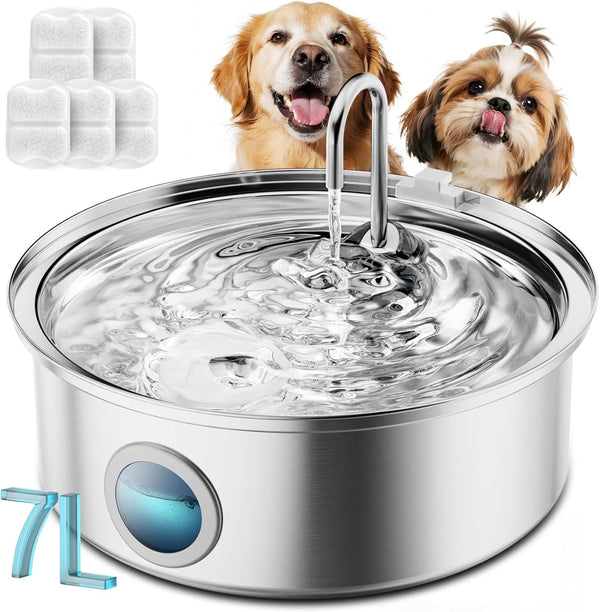 Oneisall 7L/230Oz Dog Water Fountain for Multi-Pet Household,Pwf002 | 25Db Quiet Design,304 Stainless Steel,Contain 3 Set Filters,Visual Water,5-Layer Filtration,Fit for Living Room Kitchen14