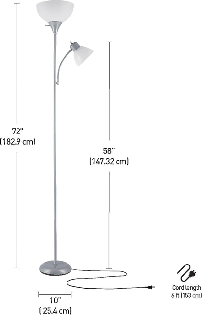 67134 72" Torchiere Floor Lamp and Adjustable Reading Light, Silver, Frosted Shade, Dual Rotary Switch, 3-Step Dimming, Modern Lighting for Living Room or Office, Timeless7