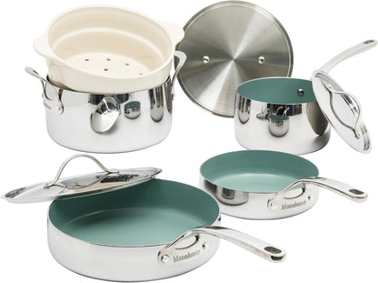 Bloomhouse - Two Time Oprah'S Favorite Things Winner - 8 Piece Triply Stainless Steel Pots and Pans Cookware Set W/Sage Green Non Toxic Pro Ceramic Non Stick Interior1