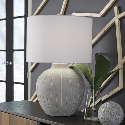 Signature Design by Ashley Living Room Table Lamp, 3-Way, Vintage Gray | Textured Warm Gray Polyresin Base with 3-Way Lighting and Cotton Blend Drum Shade, Vintage Farmhouse Style, Calbert Series2