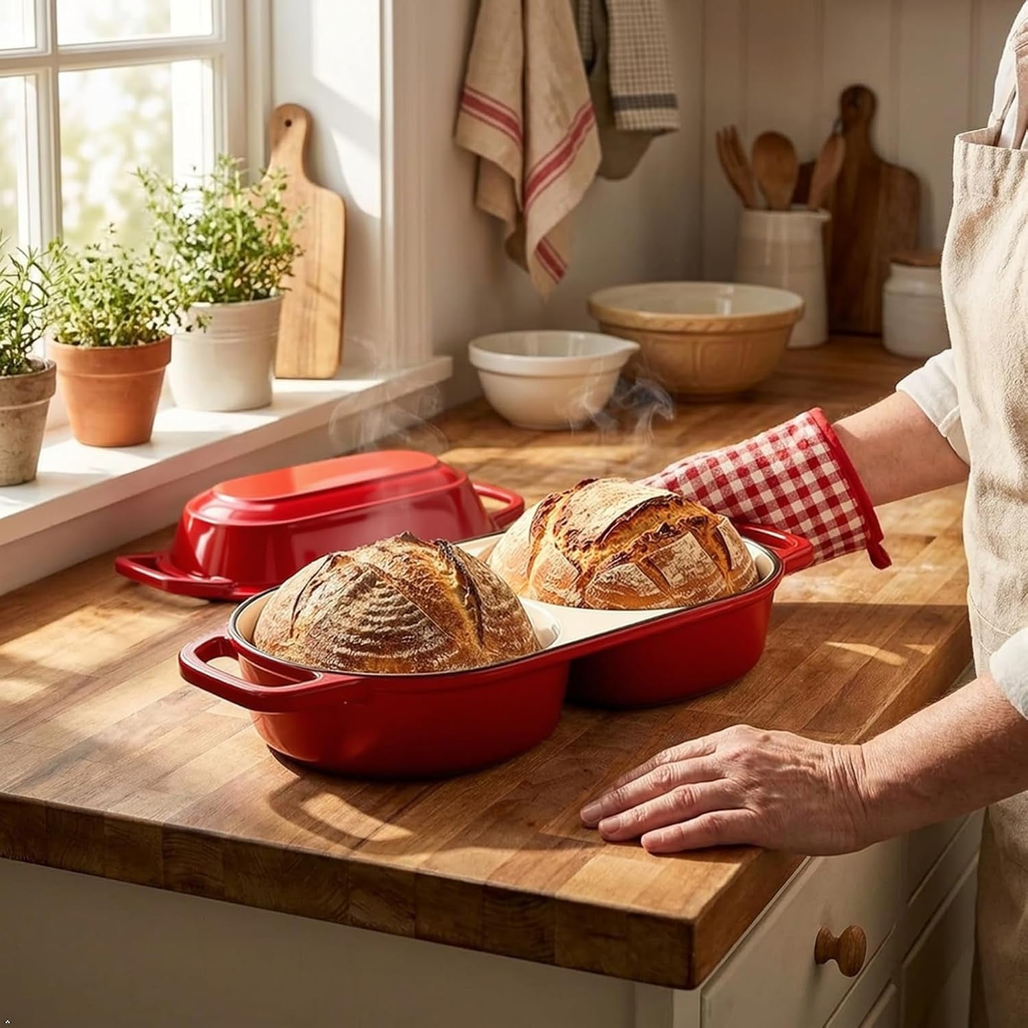 enameled-cast-iron-mini-double-dutch-oven-with-lid-dual-chamber-small-sourdough-loaf-pans-nonstick-bread-pot-for-sourdough-baking-fits-oven-induction-cooktop-red-2-2qt