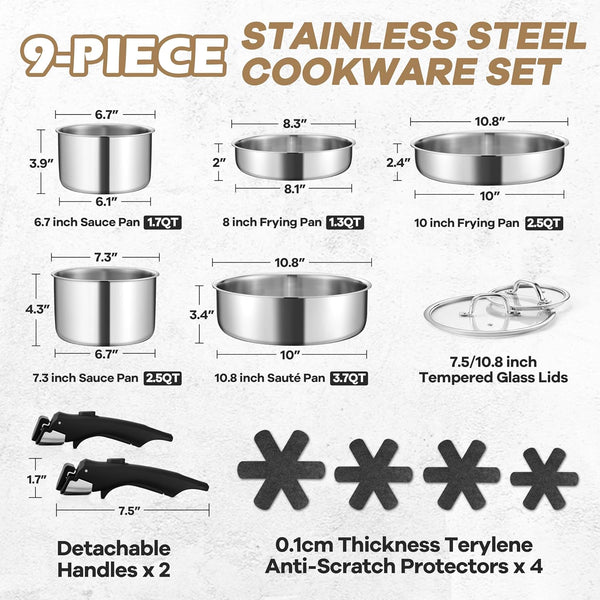 9Pcs Stainless Steel Cookware Set, 3-Ply Pots and Pans Set W/Detachable Handle & Lid, Induction Cookware Kitchen Cooking Set for RV Camping, Nontoxic Whole Clad Frying/Saute/Sauce Pan, Oven Safe2