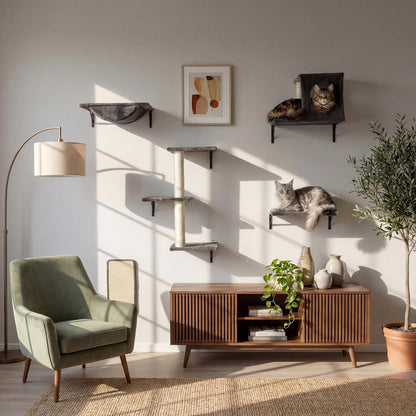 Cat Wall Shelves, Cat Wall Mounted Furniture, Climbing Wall Systems with Perches, Scratchers and Condo, Kitten Indoor Jungle Gym Set of 5 (Grey)3