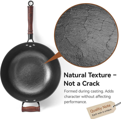 12.6 Inch Cast Iron Wok Pan with Wood Lid, Uncoated Flat Bottom Chinese Stir Fry Pan, Heavy Duty Wok for Induction, Gas and Electric Stoves7