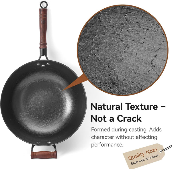 12.6 Inch Cast Iron Wok Pan with Wood Lid, Uncoated Flat Bottom Chinese Stir Fry Pan, Heavy Duty Wok for Induction, Gas and Electric Stoves7