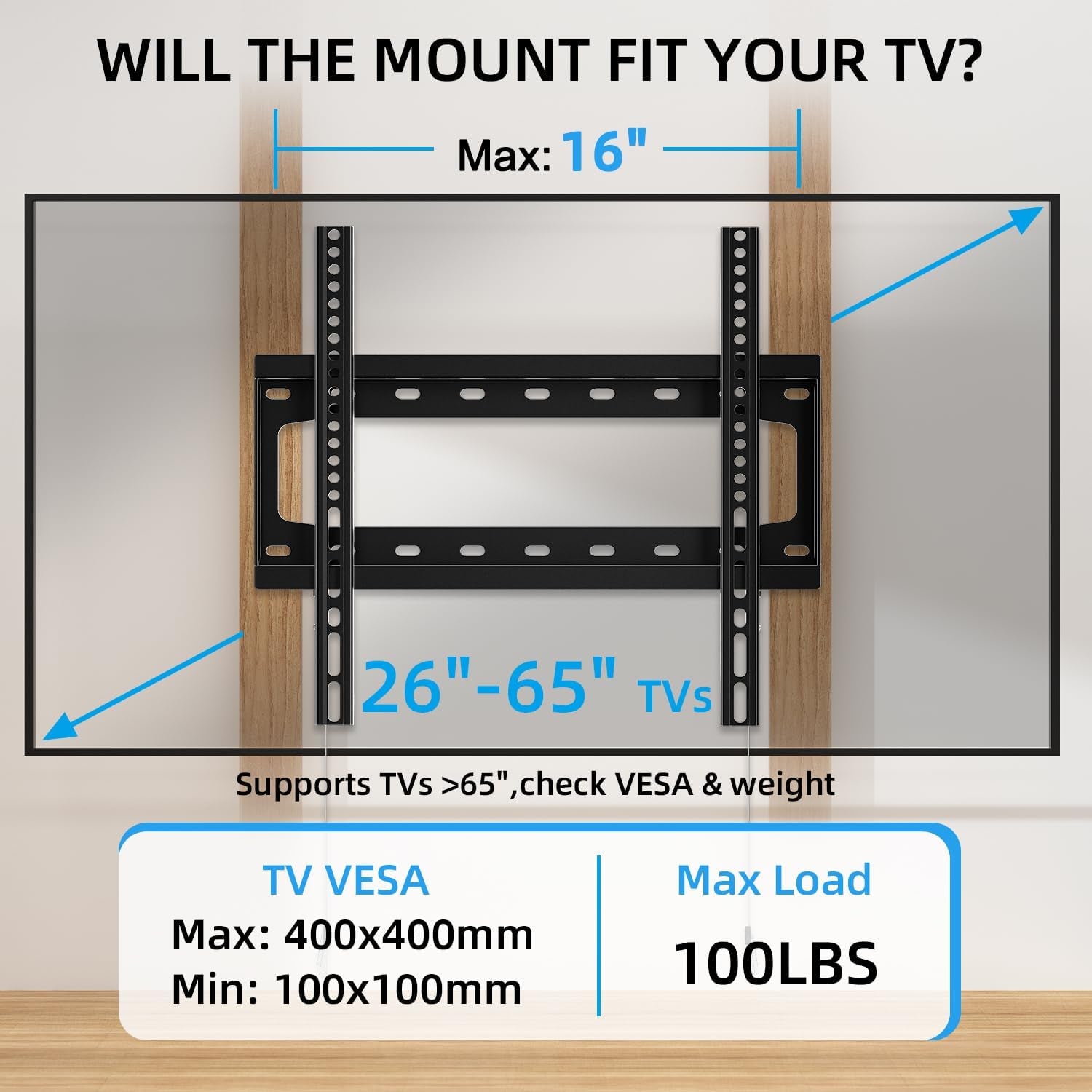 tv-wall-mount-fixed-for-most-26-65-inch-flat-curved-tvs-max-vesa-400x400mm-up-to-99lbs-fits-16-inch-wood-studs-universal-low-profile-wall-mount-tv-bracket-space-saving-hv8401