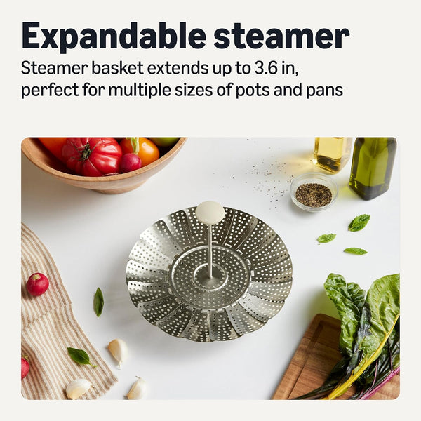 Extendable Steamer Basket for Vegetables, Dumplings and Seafood, Expands from 5.6 to 9.25 In., Stainless Steel, Dishwasher-Safe2