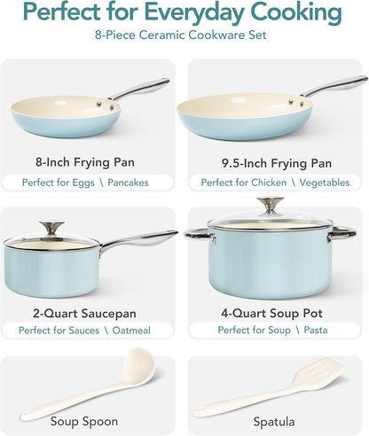 Pots and Pans Set Non Stick, 8-Piece Ti-Infused Ceramic Cookware Set with Silicone Utensils - Induction Compatible, Oven Safe, Pfoa-Free, Blue2
