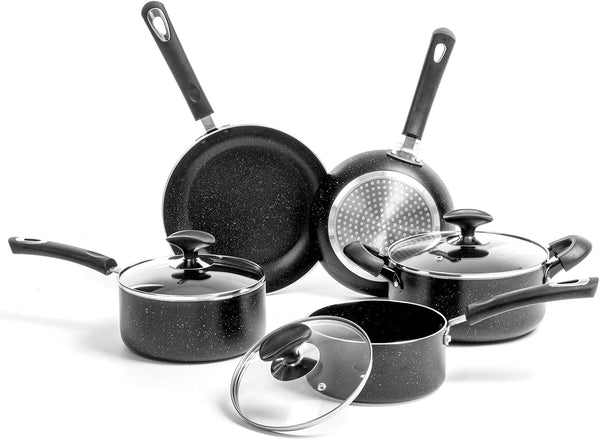 8 Piece Pots and Pans Set Non Stick, Non Stick Kitchen Cookware Set with 20Cm & 26Cm Frying Pans and 16Cm, 18Cm Saucepans with Lids and 20Cm Casserole Pot with Lid, Induction Compatible Pots,Black1
