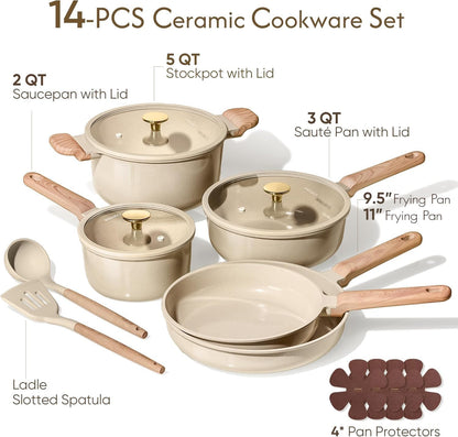 Pots and Pans Set, Ceramic Cookware Set, 14Pcs | Healthy Induction Kitchen Set, with Silicone Lids, Easy Clean, Even Heating, Space Saving, PFAS FREE2