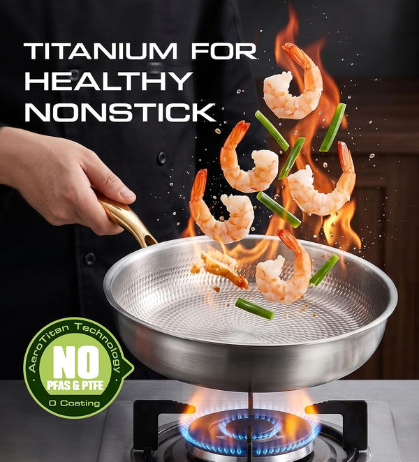Titanium Pans for Cooking, 12″ Pure Titanium Non Stick Frying Pans with Lid | Coating-Free Healthy Nonstick Cookware, PFAS/PTFE Free, Non Toxic Skillet, Induction & Oven Safe up to 750℉, Dishwasher Safe2