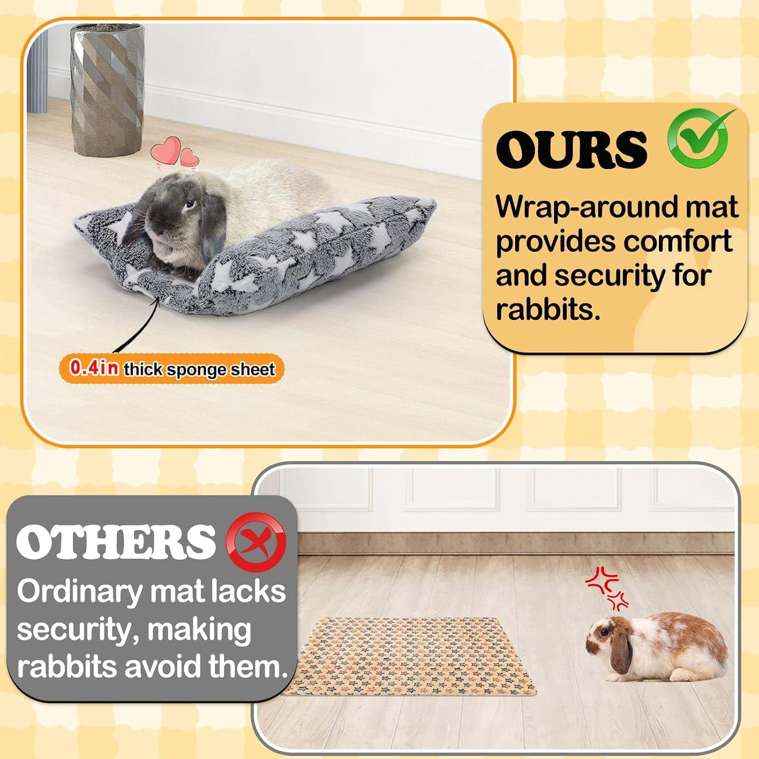 mewtogo-15-7-x-14-bunny-bed-for-rabbit-cage-thickened-soft-prevent-sore-hocks-plush-mat-with-cotton-lounger-pillows-small-animal-flop-mat-for-hutch-sleeping-indoor-gray-star