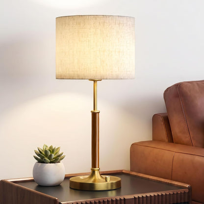 Table Lamp for Bedroom, Bedside Table Lamp with Linen Fabric Shade, Wood & Gold Metal Base, Nightstand Table Lamp for Bedroom, Living Room, Office, Mid Century Accent Lamp for Home Decor1