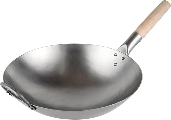 Carbon Steel Wok 1 Pack of 14 Inch Heavy-Duty Stir Fry Pan Silver Hand Hammered Wok Efficient Maneuvering Steel Helper Handle Uniform Heat Distribution Asian Cooking1