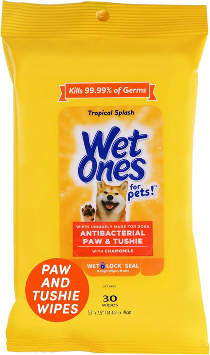 Wet Ones for Pets Paw and Tushie Dog Wipes, Tropical Splash, 30 Count | Chamomile-Infused Wipes, Wet-Lock Seal, Tropical Splash Scent, Paws and Butt Cleanup1