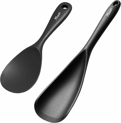 Silicone Cooking Spoon & Rice Scooper Set for Nonstick Cookwares, 2Pc Black | Bpf-Free,Heat Resistant- Seamless Design, Non- Toxic Kitchen Utensils for Cooking, Serving, Mixing, Scoop, Scrape, Stirring1