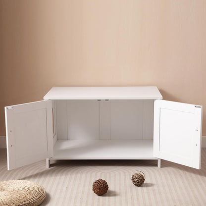 Cat Litter Box Enclosure with Barn Door Wooden Cat Washroom Furniture Litter Box Furniture Hidden End Side Table Pet House Multi Functional Double Cabinet Doors for Bedroom Living White6