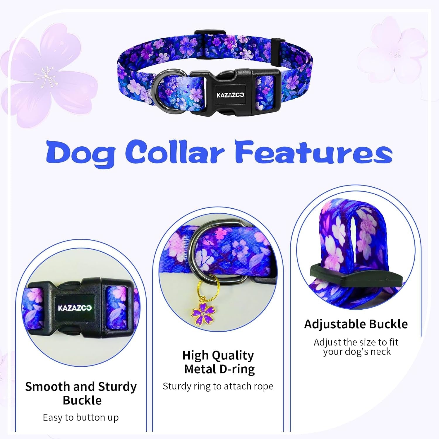 kazazoo-dog-collar-cute-and-soft-nylon-puppy-collar-girl-dogs-adjustable-purple-dog-collars-for-medium-dogs-purple-flowers-m