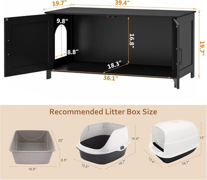 Homhedy 39.4" L Cat Litter Box Enclosure with Barn Door, Black | Wooden Cat Washroom Furniture, Cat House, Pet Storage Cabinet, Dog-Proof, Fit Most of Litter Box, Farmhouse Style4