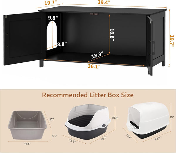 Homhedy 39.4" L Cat Litter Box Enclosure with Barn Door, Black | Wooden Cat Washroom Furniture, Cat House, Pet Storage Cabinet, Dog-Proof, Fit Most of Litter Box, Farmhouse Style4