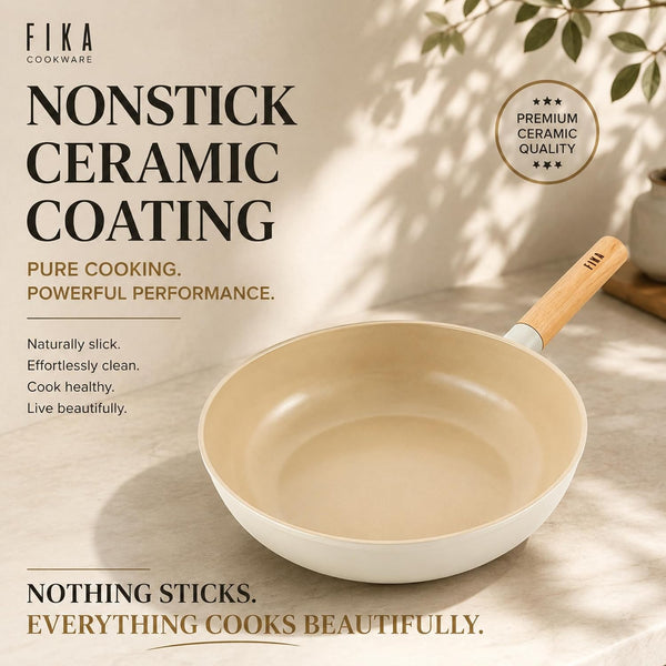 FIKA 10-Inch Nonstick Ceramic Coated Flat Bottom Wok Pan with Natural Wooden Handle, Induction Compatible, Deep Stir Fry Cooking Pan, Made in Korea (26Cm)5
