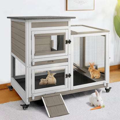 2 Story Rabbit Hutch Outdoor Indoor, Wooden Bunny Cage with 6 Lockable Wheels, 3 Removable No Leakage Pull Out Trays, Chew-Proof Ramp & Waterproof Roof, Ideal for Rabbit & Guinea Pig10
