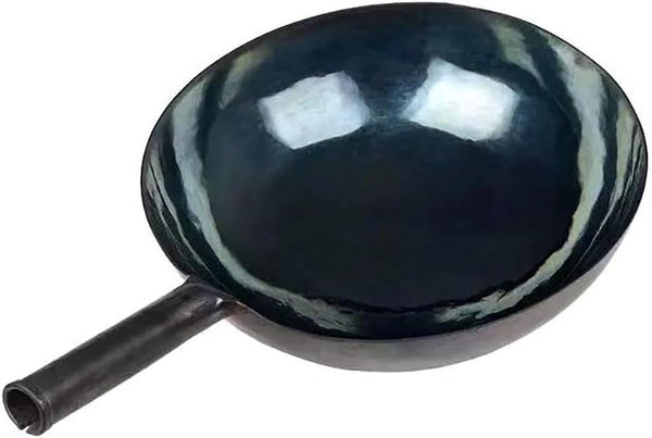 Chinese 100% Hand Hammered Iron Woks Stir Fry Pans, Non-Stick, No Coating, Less Oil, 34CM, Black Seasoned Wooden Handle, Masterchef1