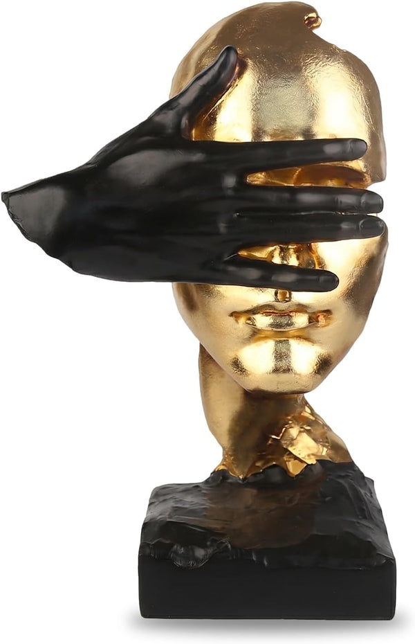 Office Desk Shelf Decor, See No Evil Gold Black Resin Bust | Modern Abstract Head Sculpture, Tabletop Accent, Mantel Table Display, Living Room Showpiece, 11.8 Inch Tall1