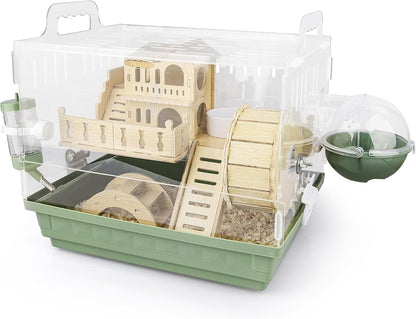 Cycodo 8 in 1 Acrylic Hamster Cage,2-Tier Dwarf Hamster Cage with Wooden Wheel & Hideout,Small Hamster Habitat with Accessories,Clear Pet Mice House(Green,14" L*10" W*11" H)1