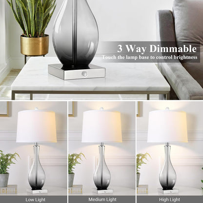27" Glass Table Lamps with USB Ports, Touch Bedside Desk Lamps Set of 2 | 3-Way Dimmable,E26 Base, Bulbs Included, Gray Gradient Lamp Body, Modern Nightstand Lamps for Livingroom, Bedroom, Office2