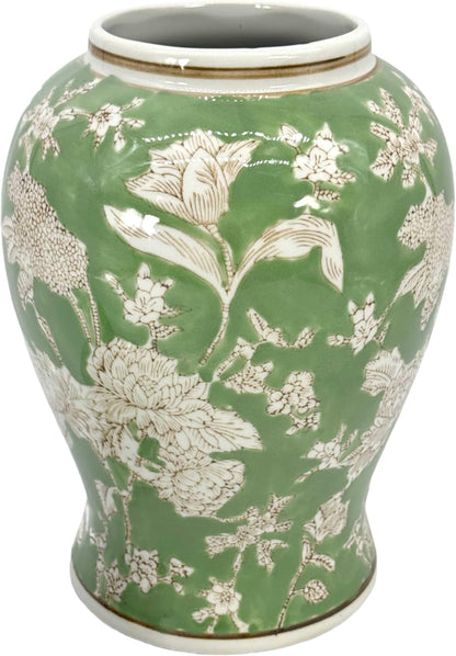 14" Green & White Floral Ceramic Porcelain Ginger Jar Floral Home Décor Jar Urn Shape Vase4