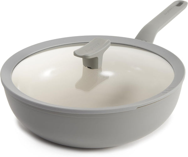 Balance 11" Ceramic Wok Pan, 4.4Qt Nonstick Stir Fry Pan | Flat Base Induction Wok with Straining Spoon Rest Glass Lid, Recycled Aluminum, PFAS & PTFE Free Non Toxic Coating, Moonmist1