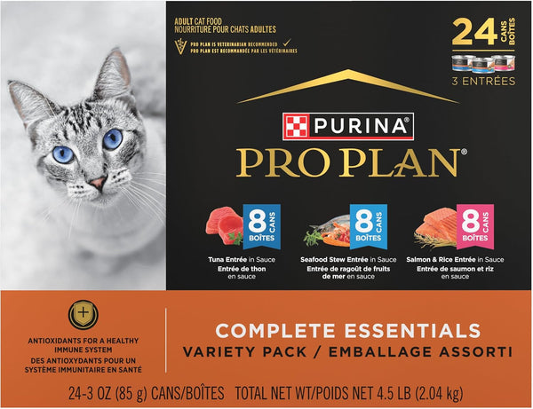 Purina Pro Plan High Protein Cat Food Complete Essentials Wet Cat Food Seafood Favorites Variety Pack 3 Ounce (Pack of 24)9