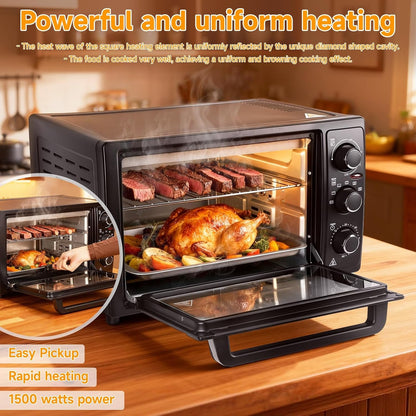 34QT/32L Kitchen Convection Oven, 1500W, Multi-Functional Countertop Toaster Oven with 60-Min Timer, Crispy Roast, Dehydrate, Rotisserie, 6 Accessories Included Black6