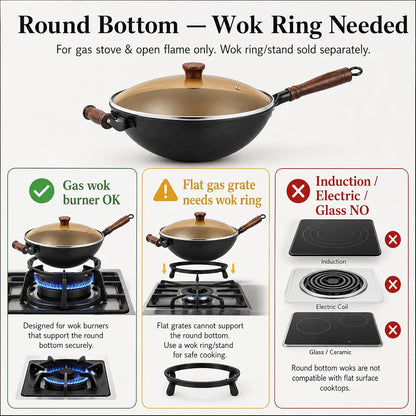 12.6 Inch round Bottom Cast Iron Wok with Glass Lid, Chinese Stir Fry Pan for Gas Stove & Open Flame, Uncoated Clay-Mold Texture, Wok Ring Required, Seasoning Needed2