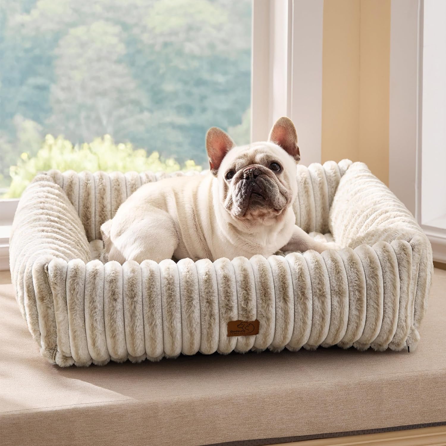 bedsure-comfyfleece™-cute-dog-bed-for-small-medium-dogs-washable-25in-cream-furry-puppy-beds-square-rectangle-orthopedic-corduroy-aesthetic-pet-beds-removable-zipper-cover-non-slip-bottom-up-to-15-lbs