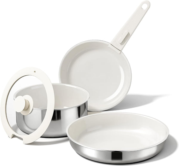 5PCS Pots and Pans Set Non Stick, Diamond-Titanium Ceramic Cookware Set & 3 Layer Stainless Steel with Detachable Handle, Induction Cookware, Non Toxic Oven/Dishwasher Safe, White1